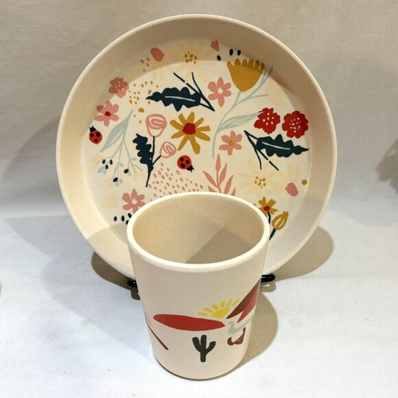 Pillowfort BPA Free Melamine Child Cup and Plate Flower Ladybug Cactus Sunset - Picture 1 of 13